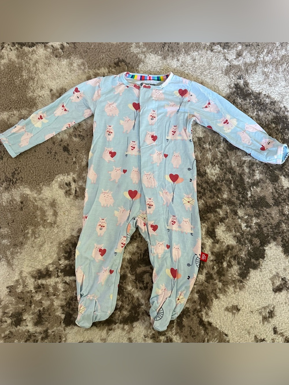 Magnetic Me Light Blue Footed One-Piece with Red Heart & Cat Prints